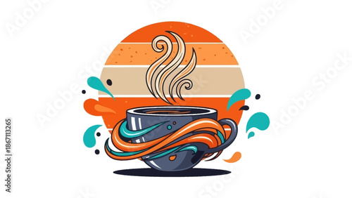 A stylized illustration of a steaming cup of coffee with vibrant, swirling abstract elements and a retro sunset background.