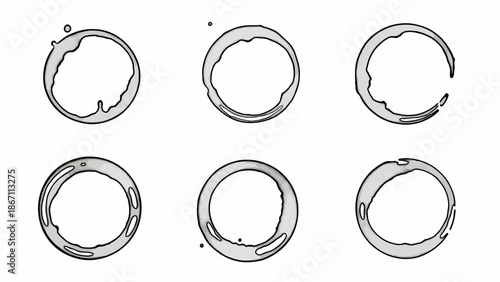 Six stylized illustrations of coffee cup rings with varying degrees of liquid splash and residue.