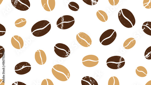 A seamless pattern of coffee beans, featuring both light brown and dark brown beans scattered across a white background.