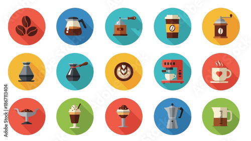 A collection of flat design icons representing various coffee-related items and beverages, presented in a circular grid format.