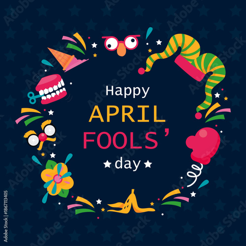 Festive illustration celebrating april fools day featuring classic silly pranks and bright colorful icons arranged in a decorative circular border against a dark patterned background inviting joyous p