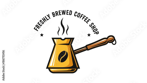 A golden cezve filled with steaming coffee, with the words "FRESHLY BREWED COFFEE SHOP" arched above.
