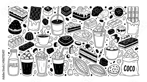 A delightful assortment of hand-drawn chocolate desserts, pastries, and beverages, presented in a whimsical doodle style.