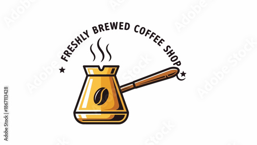 A stylized illustration of a golden Turkish coffee pot with steam rising, featuring a coffee bean logo and the text "FRESHLY BREWED COFFEE SHOP".