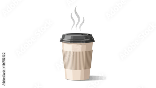 A steaming hot cup of coffee in a disposable paper cup with a black lid and a brown cardboard sleeve, isolated on a white background.