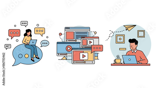 Three illustrations depicting online communication, digital content creation, and remote work.