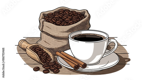 A rustic still life featuring a burlap sack filled with roasted coffee beans, a wooden scoop, a white cup of black coffee, and cinnamon sticks on a wooden surface.