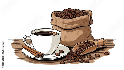 A steaming cup of black coffee sits on a saucer next to a burlap sack filled with roasted coffee beans and a wooden scoop.