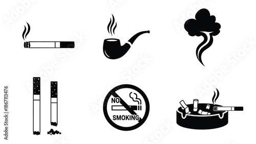 Collection of smoking related icons and symbols including cigarettes, pipe, ashtray, and no smoking sign