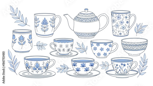 A collection of vintage-style ceramic teacups, mugs, and a teapot adorned with delicate blue floral and geometric patterns, set against a white background with scattered blue leaves.