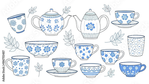 A collection of blue and white ceramic teacups, teapots, and bowls adorned with floral patterns and delicate leaves.