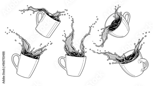 Five line art illustrations of coffee splashing out of mugs in various dynamic poses.