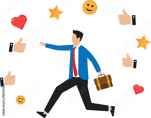 Appreciate high performance employee and good job or praising success staff, recognition or congratulation concept, businessman with appreciation thumbs up applause, stars and trophy.
