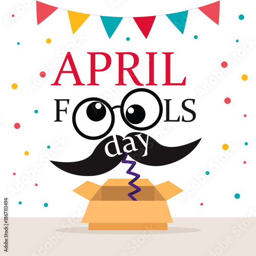 Festive illustration celebrating april fools day featuring a silly prank toy emerging from an open cardboard box with exaggerated eyes mustache and spring