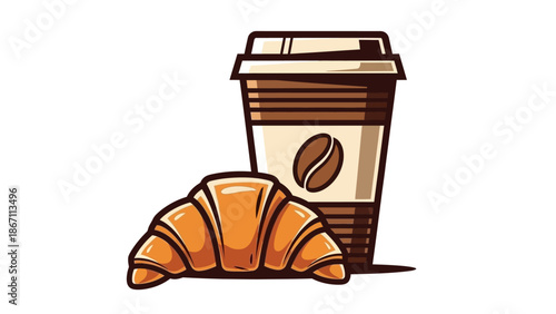 A delicious golden-brown croissant rests in front of a steaming cup of coffee, perfect for a morning breakfast.