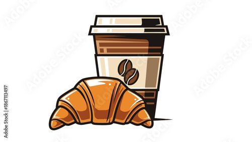 A delicious croissant sits in front of a steaming cup of coffee, perfect for a morning breakfast.