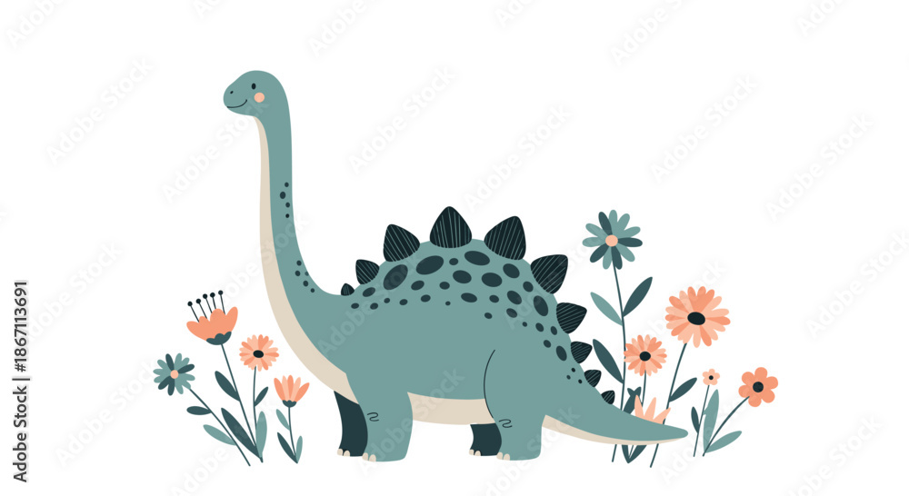 Naklejka premium Gentle long-necked dinosaur standing gracefully amidst a field of colorful wildflowers, cute prehistoric animal illustration for kids.