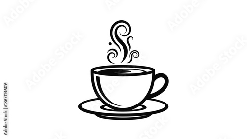 A simple black and white illustration of a steaming cup of coffee on a saucer.