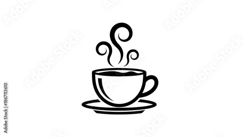 A simple black and white line art illustration of a steaming cup of coffee on a saucer.