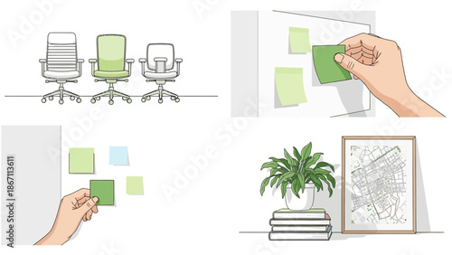 Four illustrations depicting office organization, brainstorming, and decor elements.