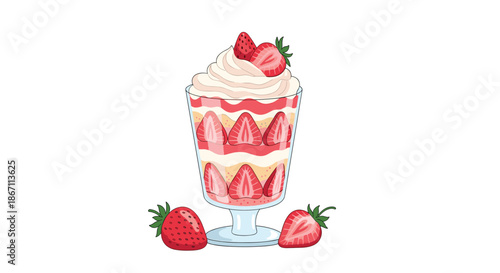 Delicious strawberry parfait in a tall glass with layers of cream, cake, and sliced berries, decorated with a whole strawberry on top.