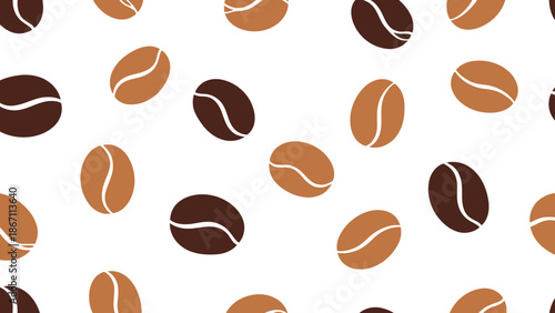 A seamless pattern of coffee beans in shades of brown and dark brown scattered on a white background.