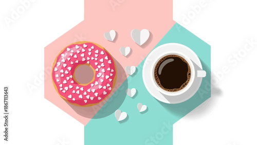 A pink frosted donut with heart sprinkles next to a cup of black coffee on a pastel background.