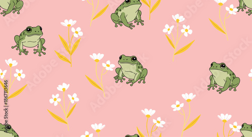 Cute seamless pattern featuring small green frogs sitting among delicate white flowers and yellow stems on a soft pink background.