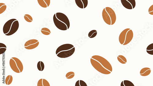 A seamless pattern of coffee beans, some dark brown and some light brown, scattered across a white background.