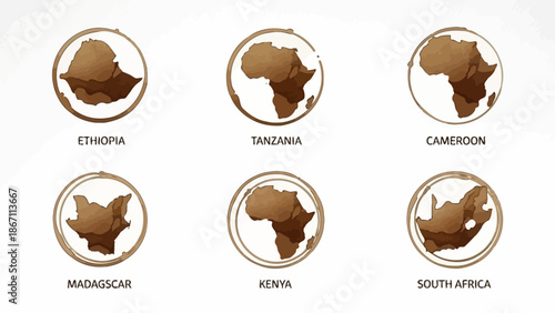 Six circular emblems showcasing different African countries known for coffee production, including Ethiopia, Tanzania, Cameroon, Madagascar, Kenya, and South Africa.
