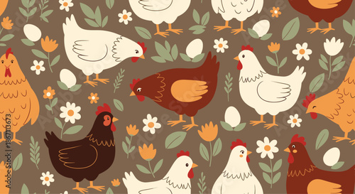 Rustic seamless pattern featuring different breeds of chickens, fresh eggs, and white and yellow flowers on a warm brown background.