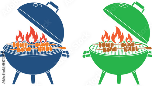 A blue barbecue grill with sausages cooking on it with flames rising