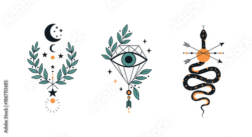 Set of three mystical esoteric symbols including a crescent moon with laurel, a providence eye in a diamond, and a snake with arrows.