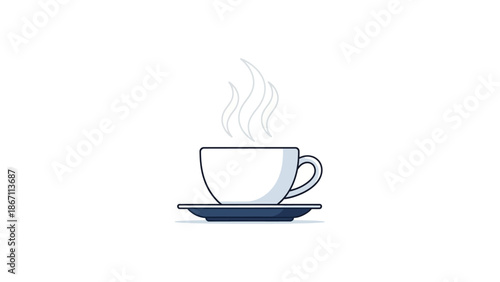 A white cup of hot coffee with steam rising, placed on a dark saucer.