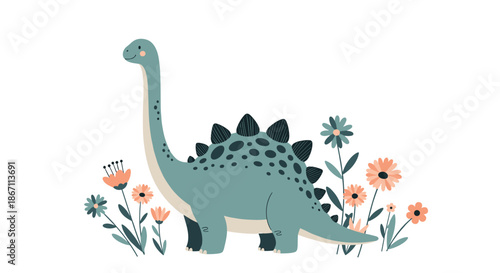 Gentle long-necked dinosaur standing gracefully amidst a field of colorful wildflowers, cute prehistoric animal illustration for kids.