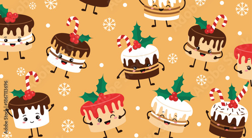 Festive Christmas seamless pattern with happy cartoon cakes decorated with candy canes, holly berries, and snowflakes on orange.