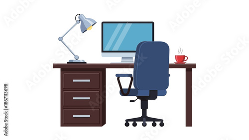 A modern office desk setup with a computer, lamp, and chair, perfect for a home office or workspace.
