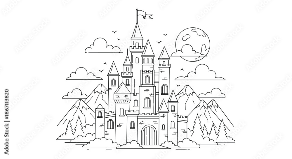 Fototapeta premium Majestic fairy tale castle coloring page with multiple towers and flags, set against a backdrop of mountains, forest, and moon.