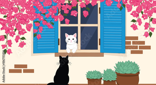 Charming illustration of a white cat looking out a window with blue shutters while a black cat watches from below among pink flowers.