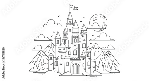 Majestic fairy tale castle coloring page with multiple towers and flags, set against a backdrop of mountains, forest, and moon.