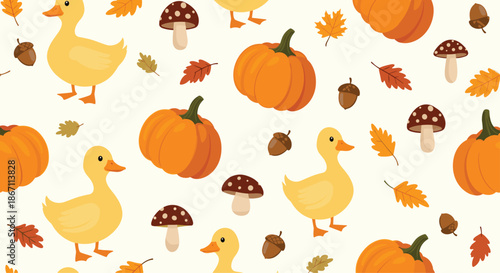 Charming autumn seamless pattern featuring cute yellow ducklings, bright orange pumpkins, forest mushrooms, and fall leaves.