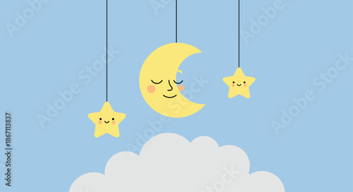 Dreamy nursery illustration featuring a happy yellow crescent moon and two smiling stars hanging from strings over a fluffy white cloud.