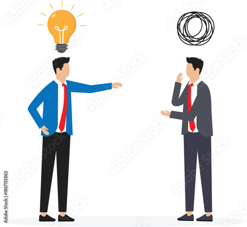 Proactive and reactive thinking, Simplify idea to solve difficulty problems concept, businessmen discussing work using creativity solving messy line into light bulb idea.
