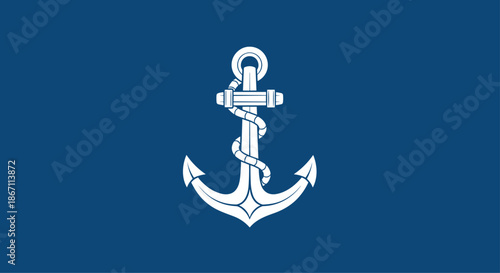 Classic nautical anchor icon with a rope coiled around the shank, white illustration on a solid dark blue background.