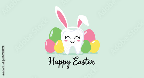 Festive Easter illustration featuring a cute white tooth wearing pink bunny ears, surrounded by colorful eggs and celebratory text.