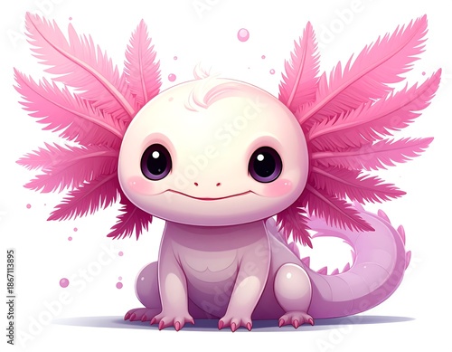 A cute, cartoonish axolotl with pink feathery gills and big eyes sits on a white background