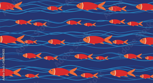 School of small red fish swimming through wavy blue water in a repeating seamless pattern suitable for textile design.