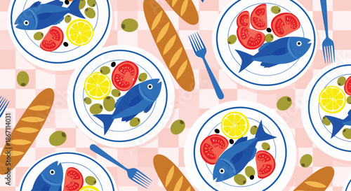 Mediterranean style food pattern including plates of blue fish, sliced tomatoes, lemons, olives, and fresh bread loaves.