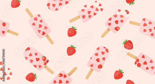 Delicious pink strawberry popsicles decorated with red heart shapes and scattered fresh strawberries on a light background.
