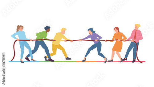 A diverse group of people pulling on a rope in different directions together
